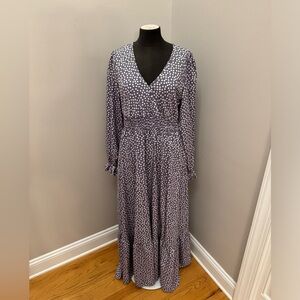Long sleeved purple with white flowers v neck dress, smocked elastic at waist, L